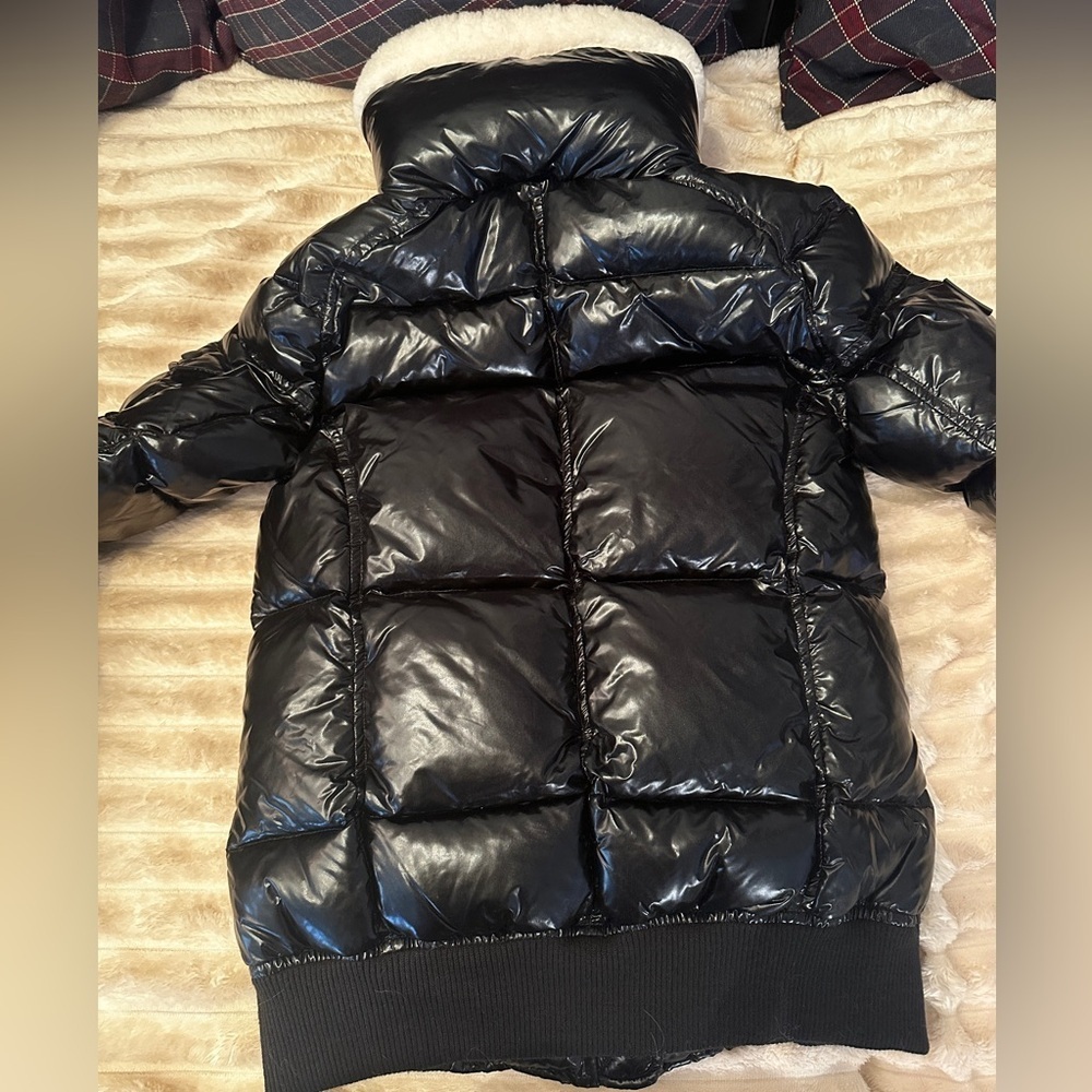 New SAM. Nikki Quilted Down Puffer Lamb Shearling Trim Glossy Black Coat Size S - Picture 6 of 16